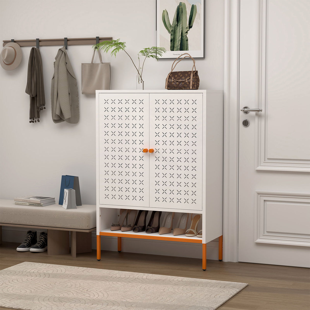 Grid - Double Door Shoe Cabinet With Adjustable Compartments And Moisture Proof Design In Metal - White