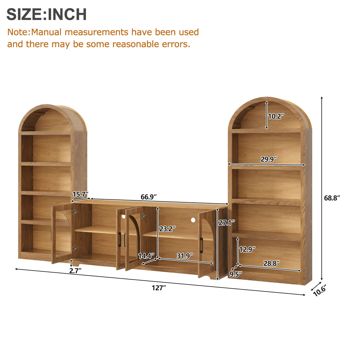 3 Piece TV Stand Set With Bookshel, Entertainment Center With Arched Design