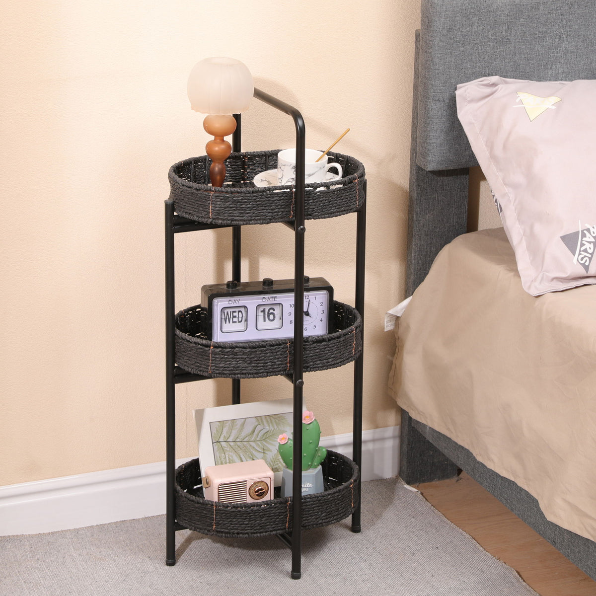 Modern 3 Tier Handwoven Side Table With Oval Organizer