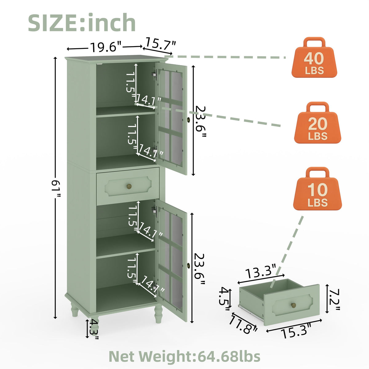 Storage Cabinet, Freestanding Curio Cabinet With Grid Doors & Drawer, Pantry Display Cabinet For Kitchen