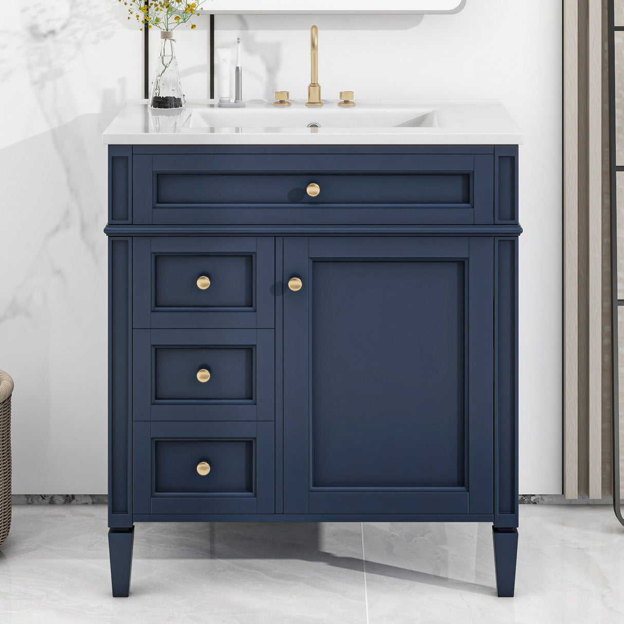 Bathroom Vanity With Top Sink, Storage Cabinet & 2 Drawers And Tip Out Drawer, Rectangular Design - Blue