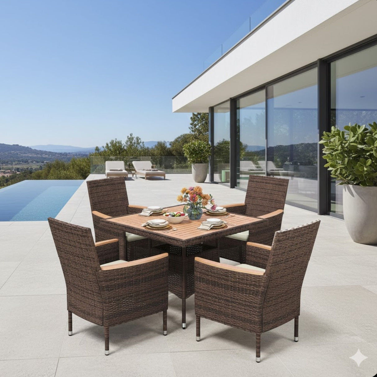 5 Piece All Weather Patio Dining Set With Table - Brown