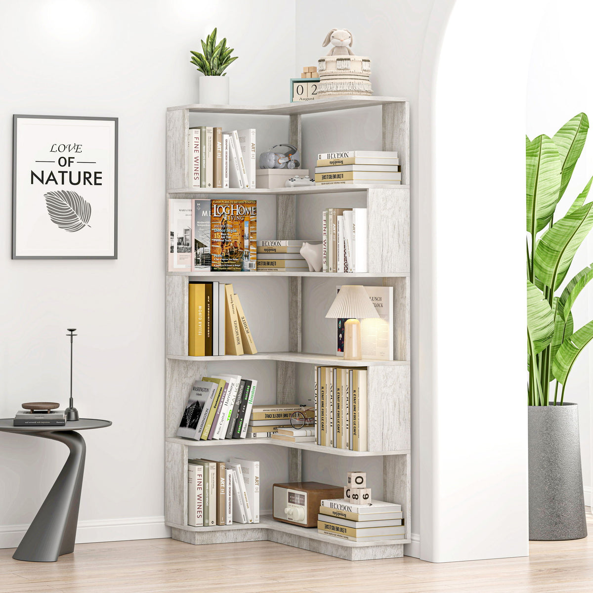 L-Shaped Corner Bookshelf 90Cm Extended Size 5 Tier Freestanding Display Shelf With Anti Tip Safety Features - Light Gray