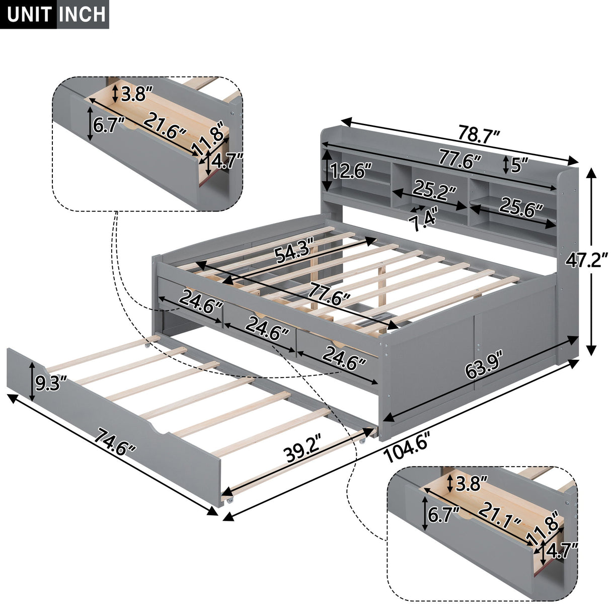 Captain Bed With Built In Bookshelves, 3 Storage Drawers, And Trundle