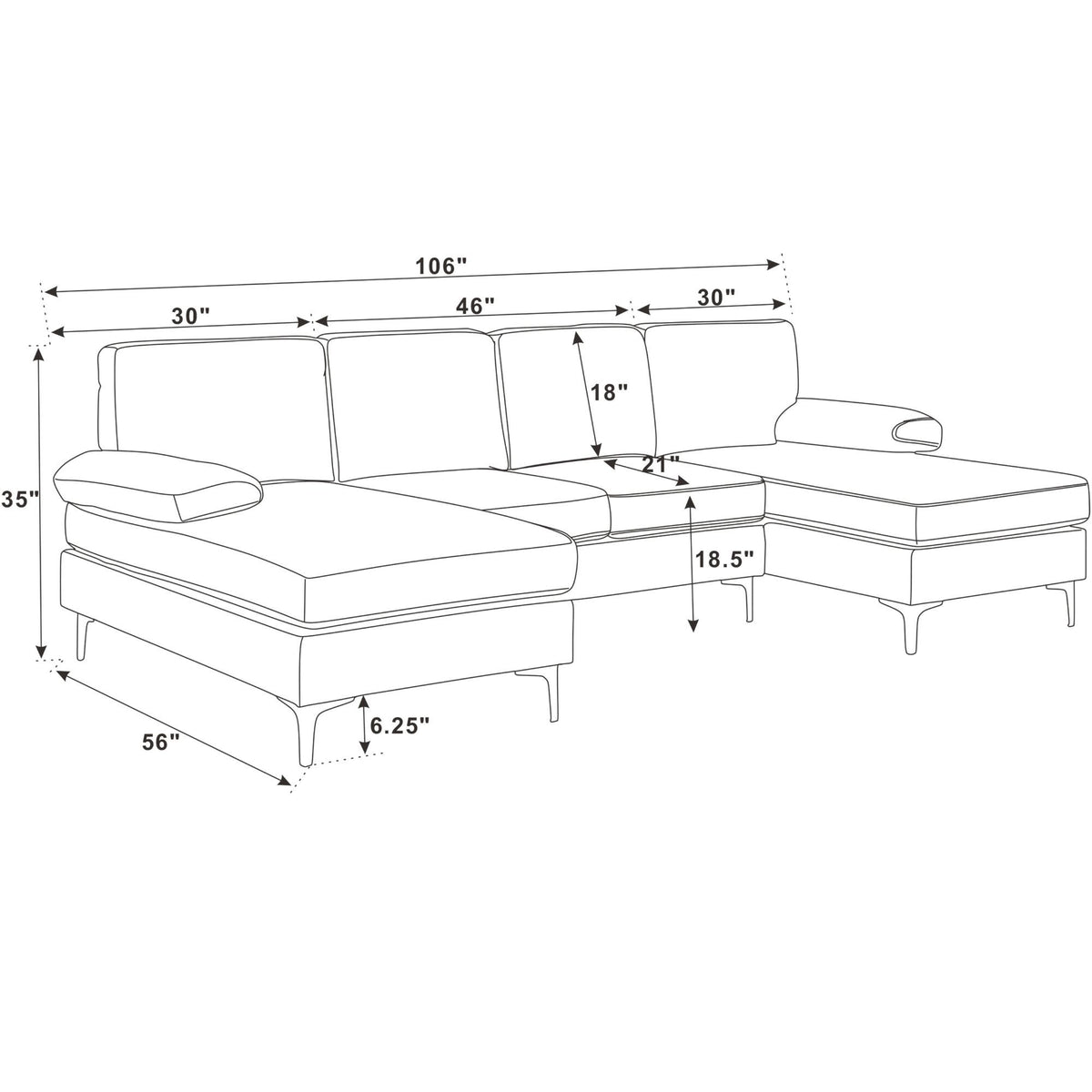 U - Shape Sectional With Legs, Pillow Top Arms - Dark Gray