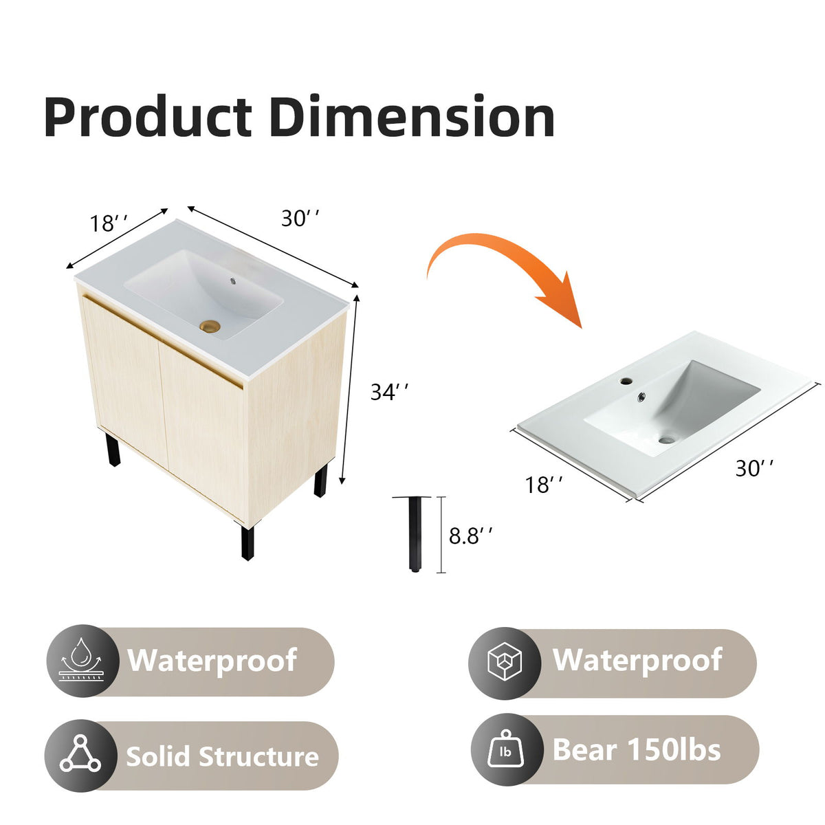 Bathroom Vanity With Ceramic Sink, Floor-Standing Design, Soft-Closing Drawers