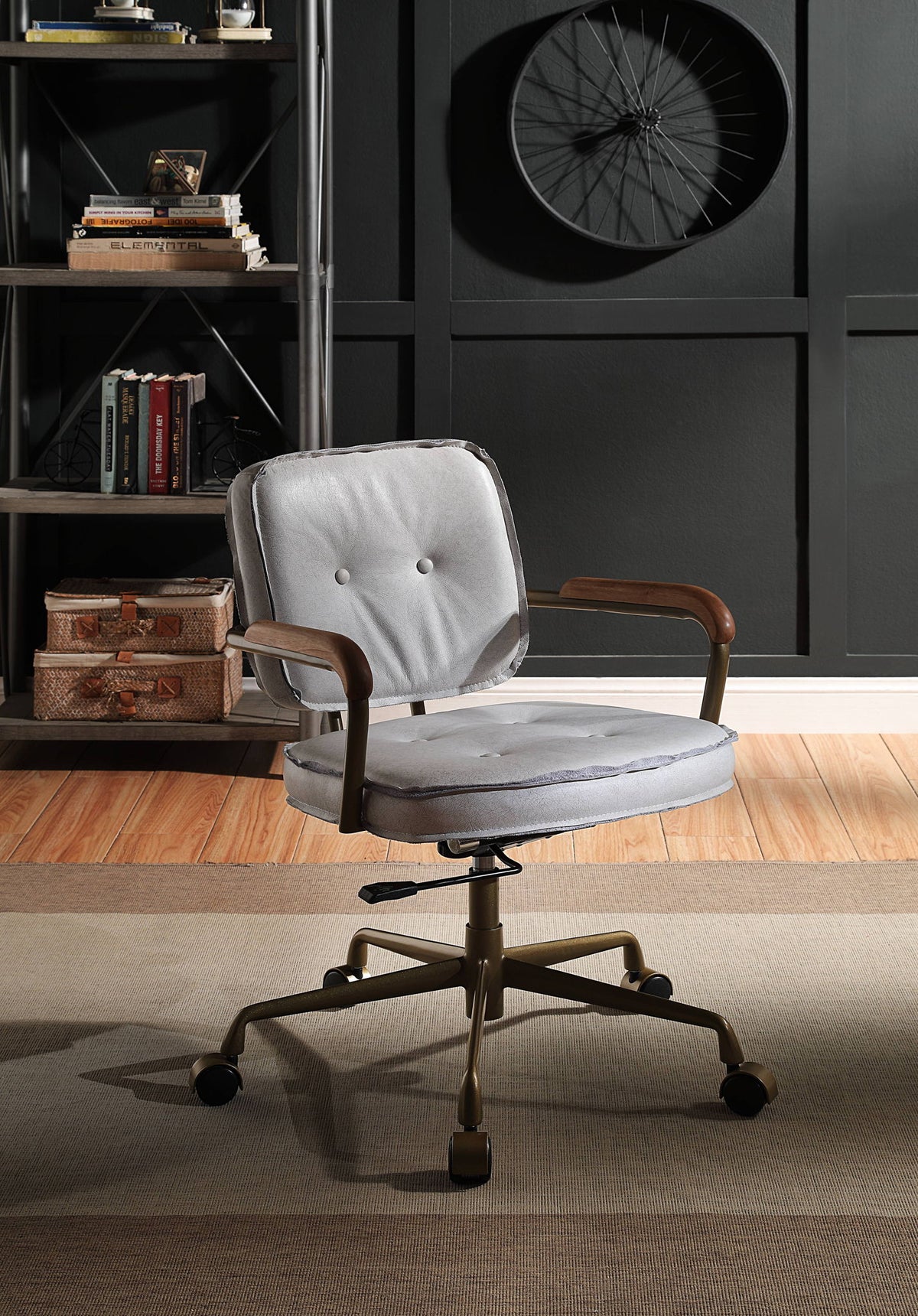 Siecross - Vintage Top Grain Leather Office Chair - Antique White / Gray