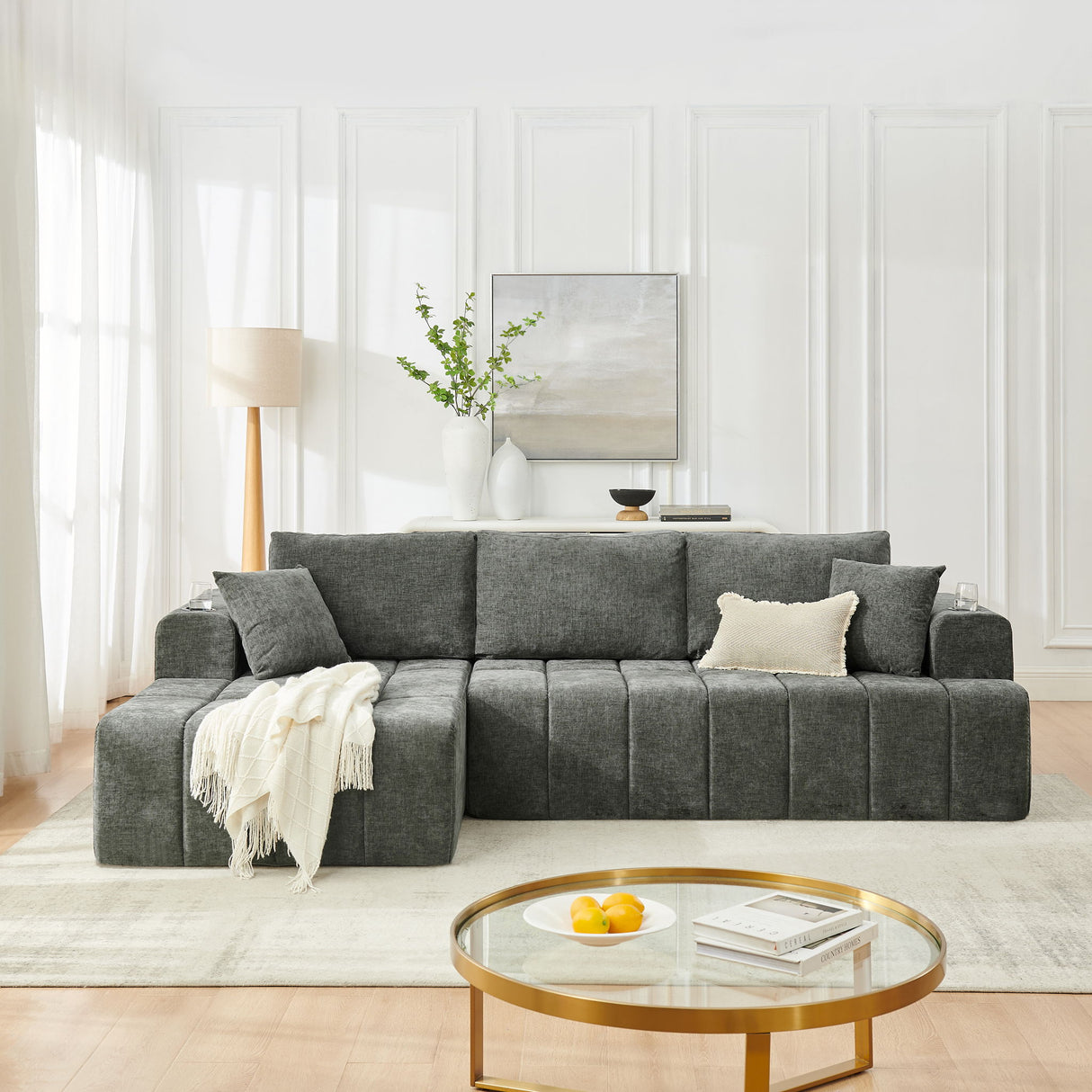 L - Shaped Sectional Sofa With Cup Holders & Side Pockets