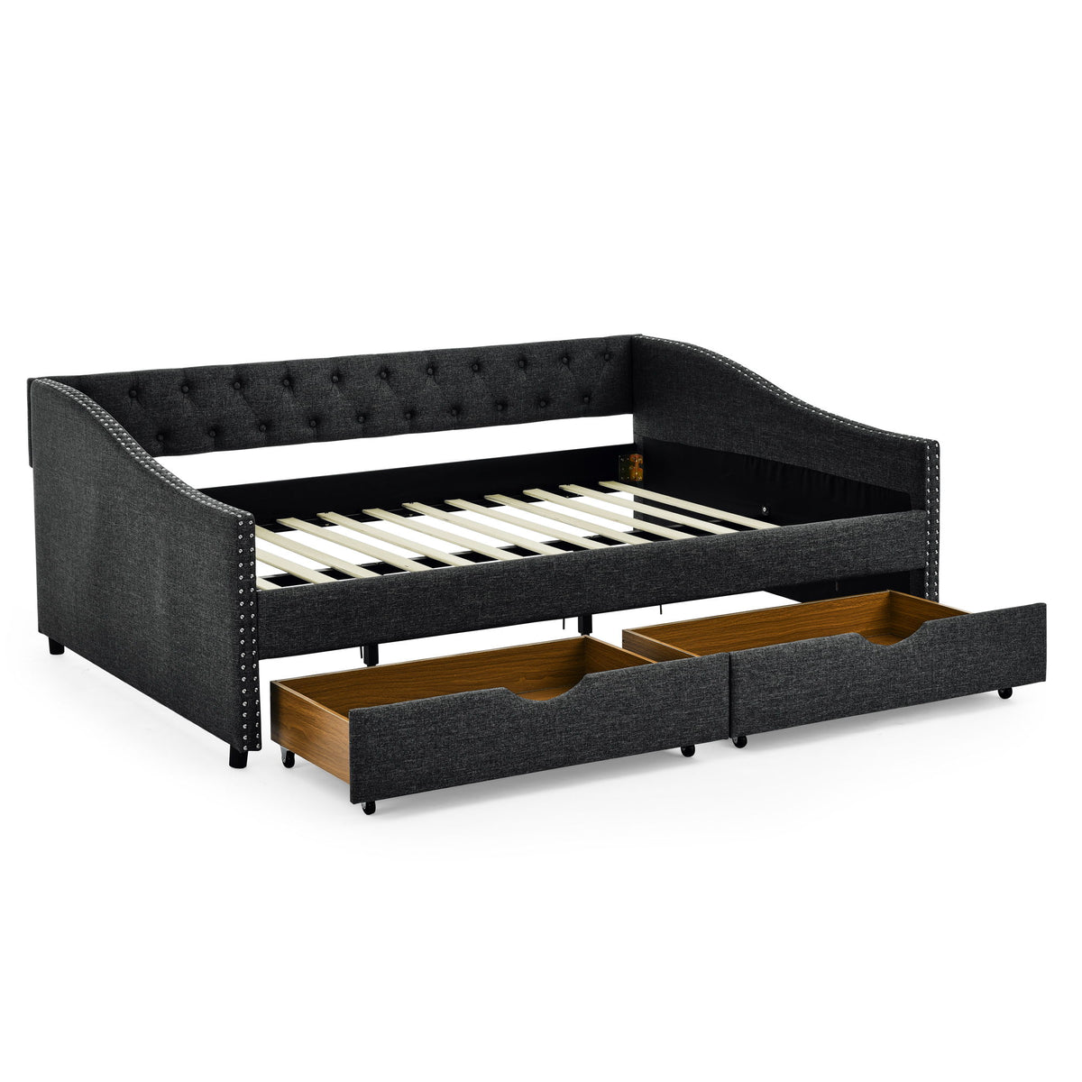 Full Size Upholstered Daybed With Tufted Back And Nail Trimmed Waved Arms - Dark Gray