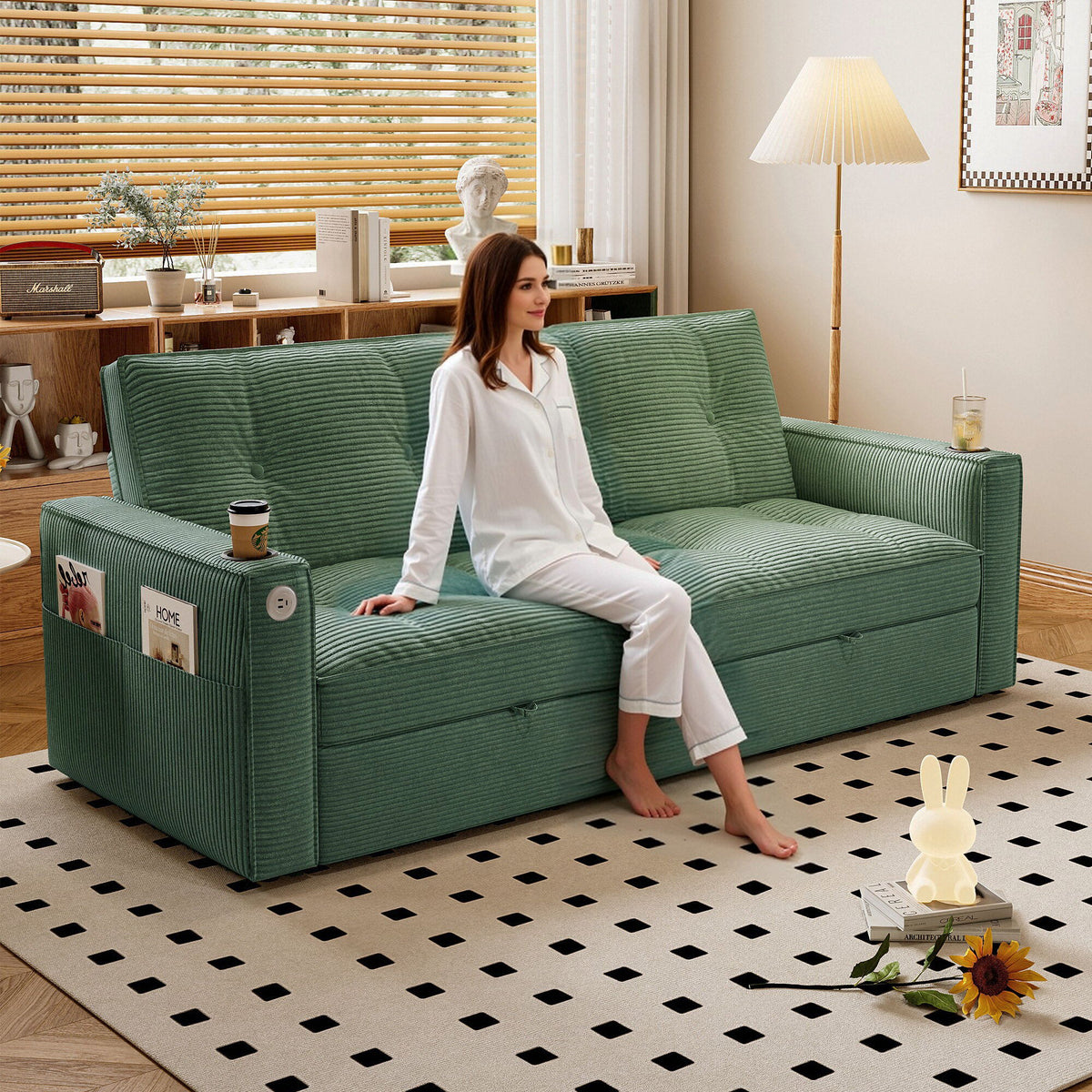 2 In 1 Convertible Sofa Bed For Living Rooms - Green