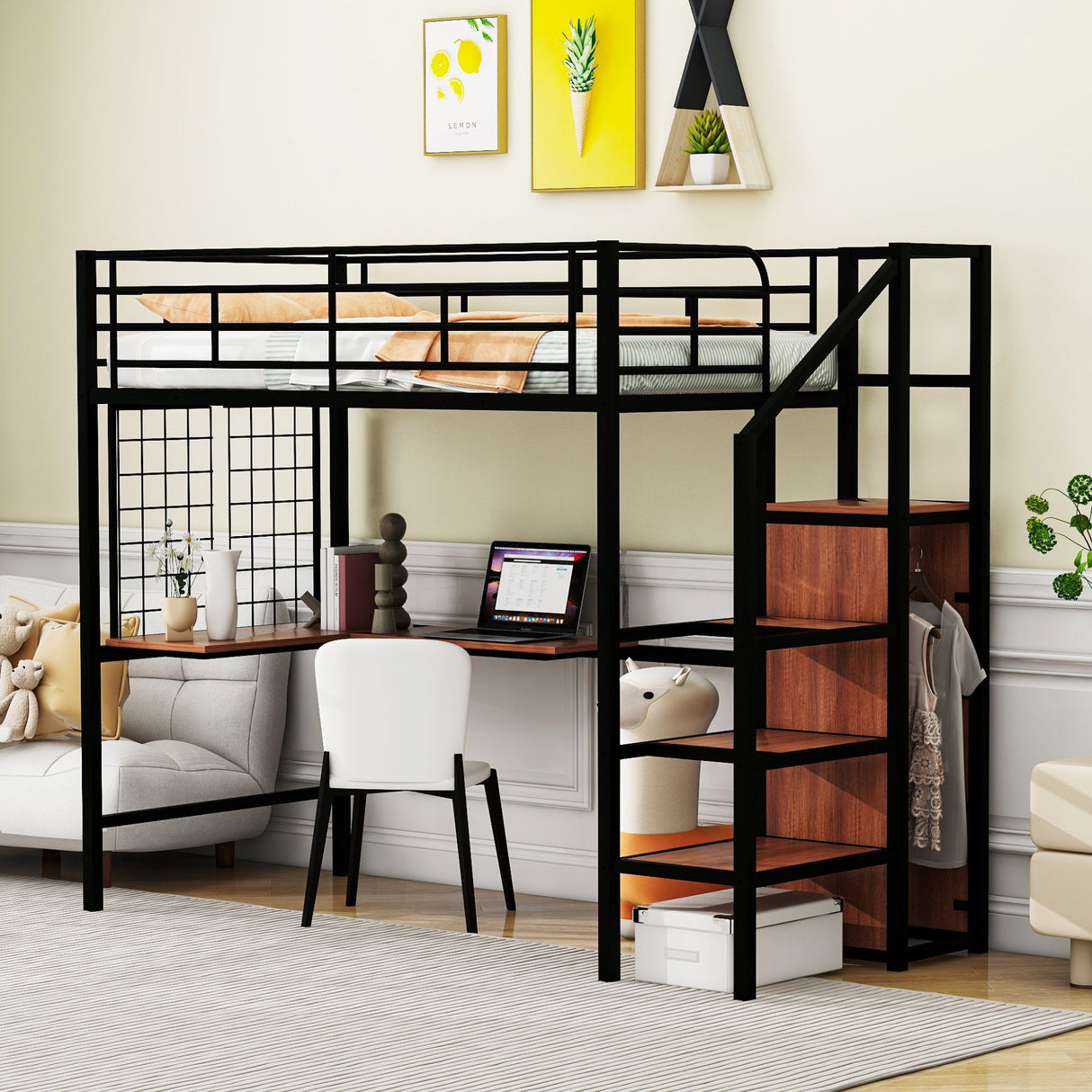 Twin Size Loft Bed With Desk And Grid, Storage Ladder And Wardrobe - Black
