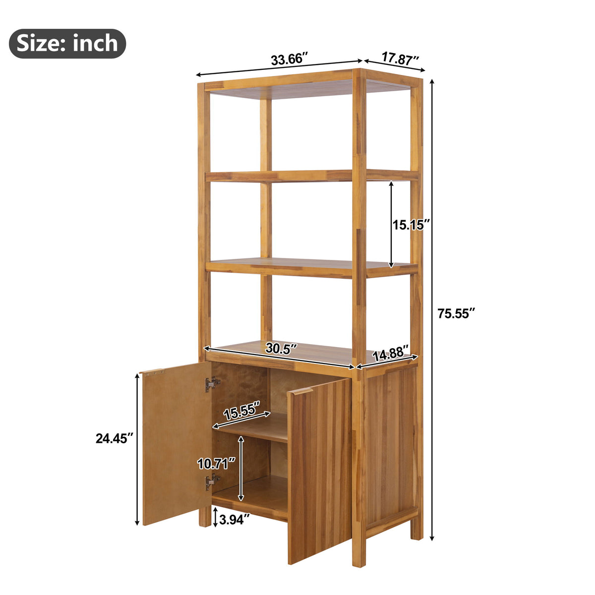 Tall Storage Bookcase Cabinet With 2 Open Shelves & Double Doors, Freestanding Shelving Unit - Natural