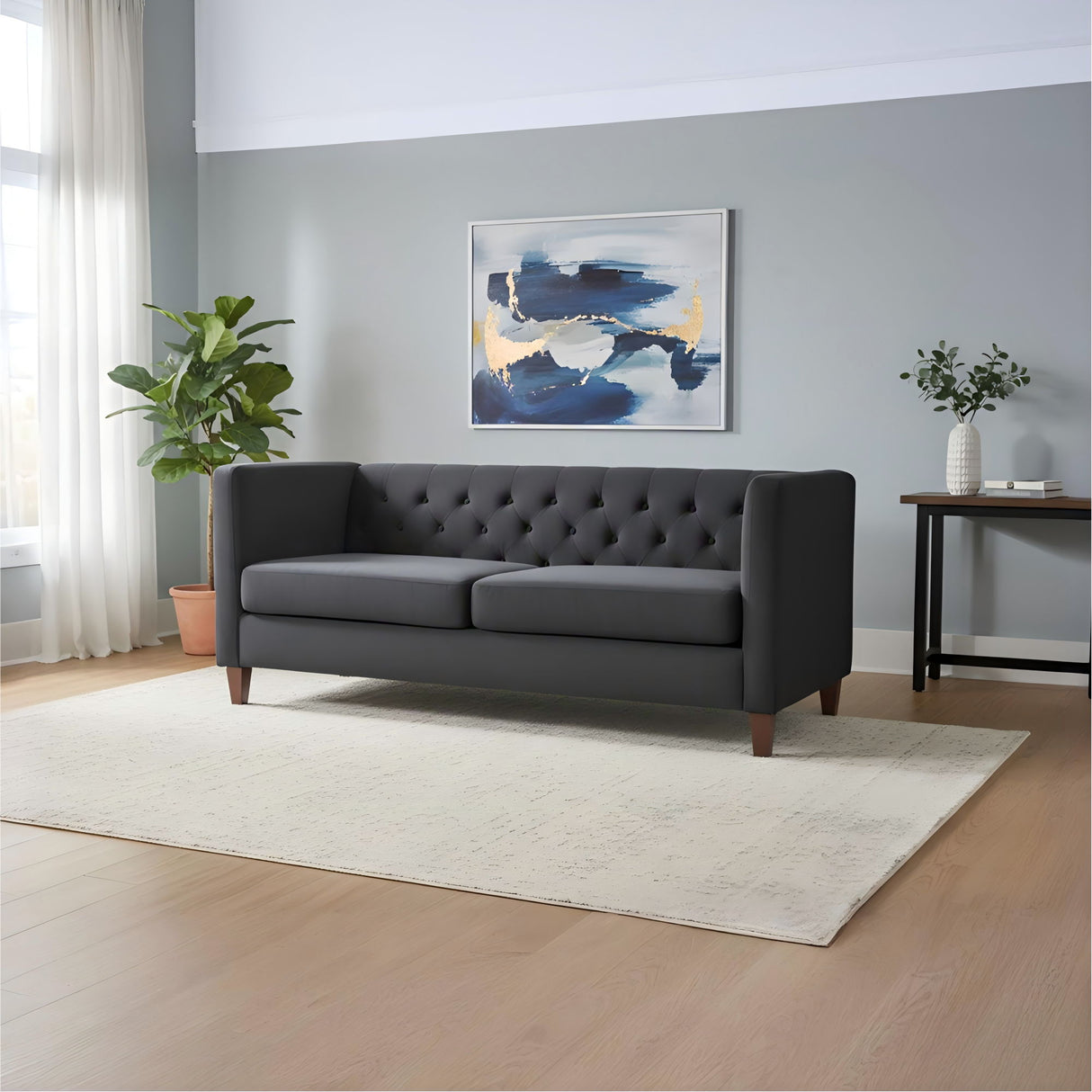Button Tufted Loveseat, 2 Seater With Square Arm Couch For Living Room - Black