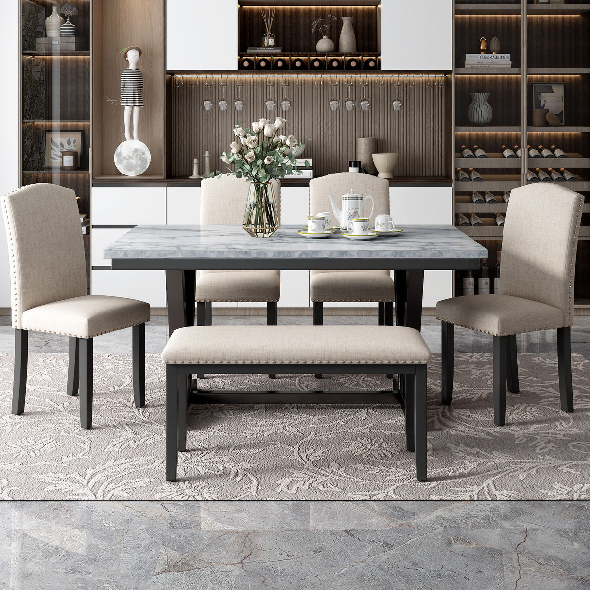 6 Piece Dining Set With V - Legs - White