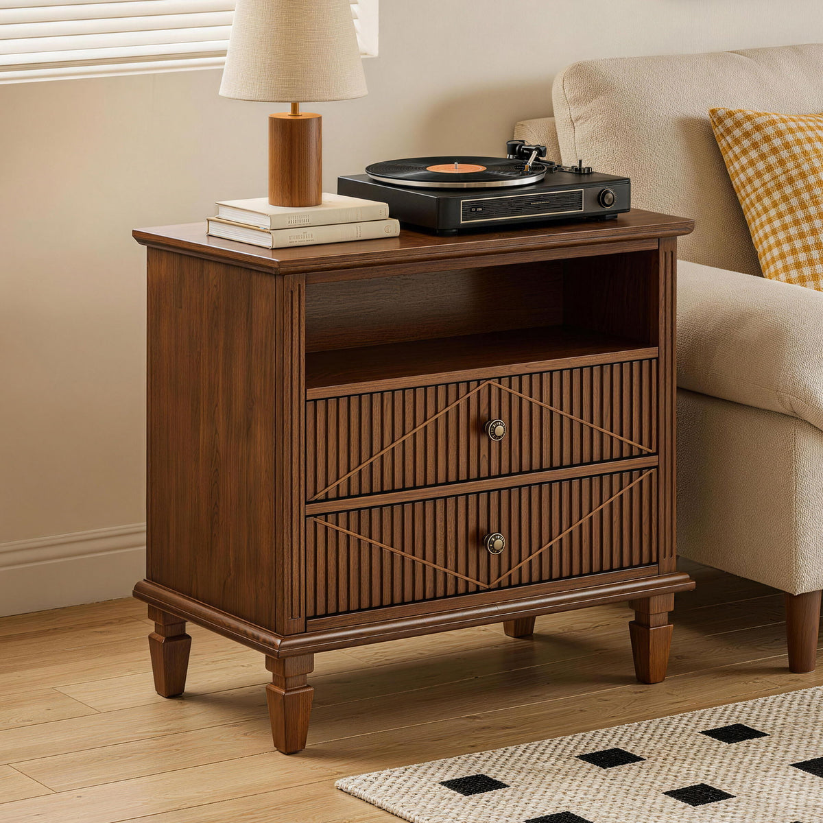 Nightstand With Charging Station, 2 Drawer Bedside Table - Walnut