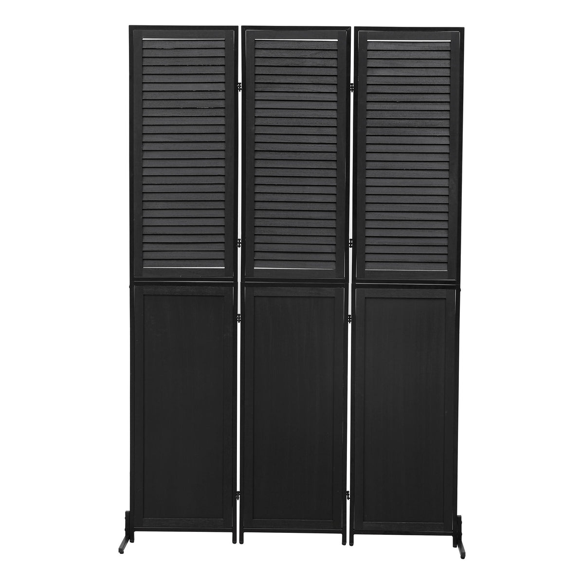 Rustic 3 Panel Room Divider 6Ft Wood Folding Privacy Screen With Metal Frame And Louver Design - Black