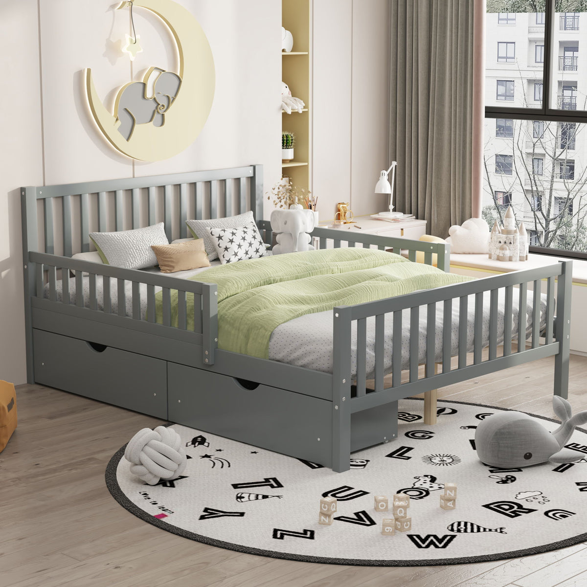 Platform Bed With Guardrails On Both Sides And 2 Storage Drawers