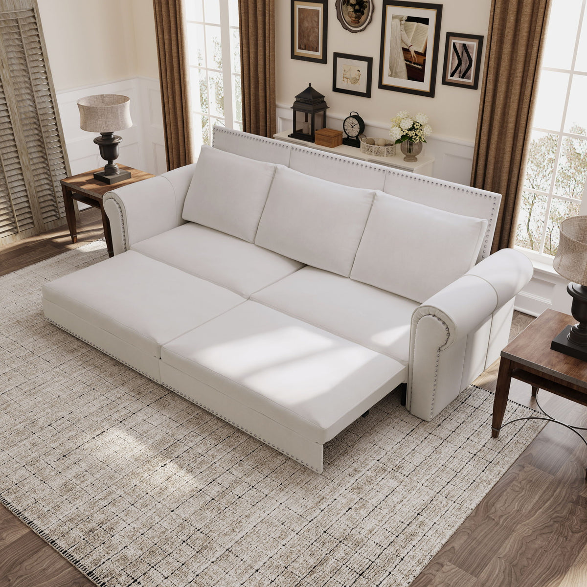 King Pull Out Sofa Bed, Chesterfield Sofa, 3 In 1 Velvet Convertible Sleeper Sofa With Nailhead Trim & Rolled Arm, Multifunctional Sofa Bed For Living Room - Beige