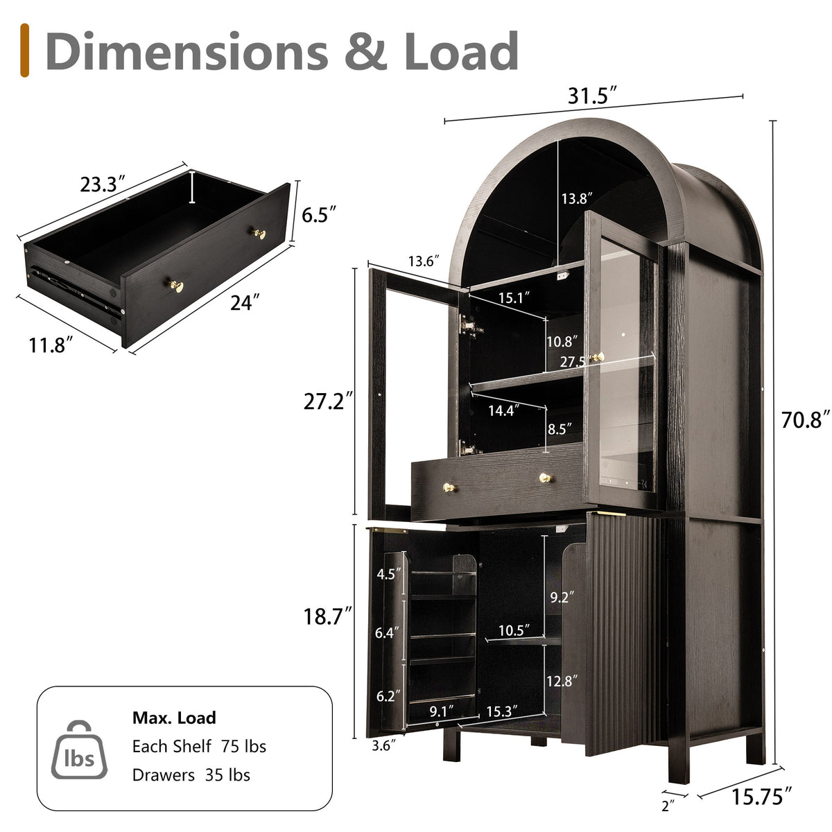 Fluted Tall Arched Pantry Cabinet With Adjustable Shelves, Glass Door & Hidden Drawer For Kitchen - Black