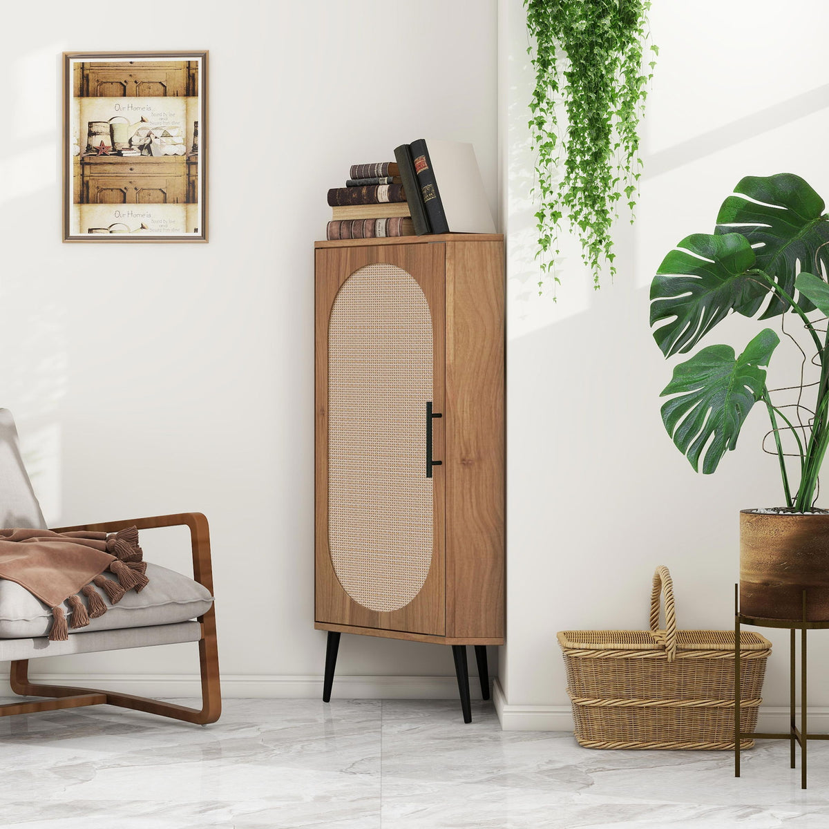 Corner Cabinet, Rattan Door, Freestanding Corner Tables For Small Spaces, Corner Shelf Stand For Living Room, Kitchen, Bathroom, Bedroom - Walnut