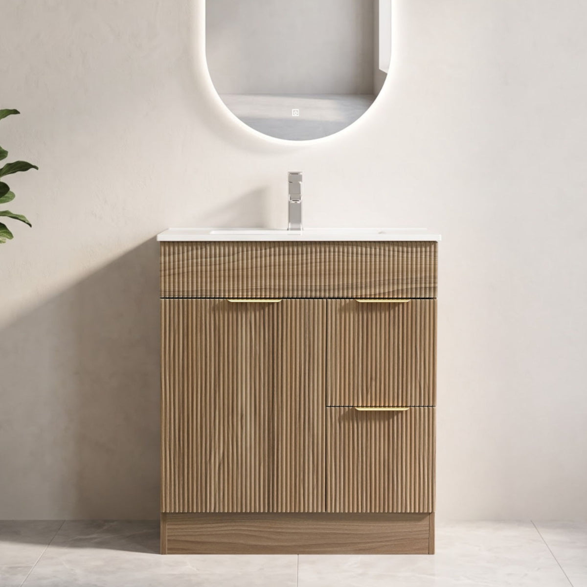 Bathroom Vanity With Sink, Freestanding Fluted Cabinet With 1 Door And 2 Drawers - Natural Walnut