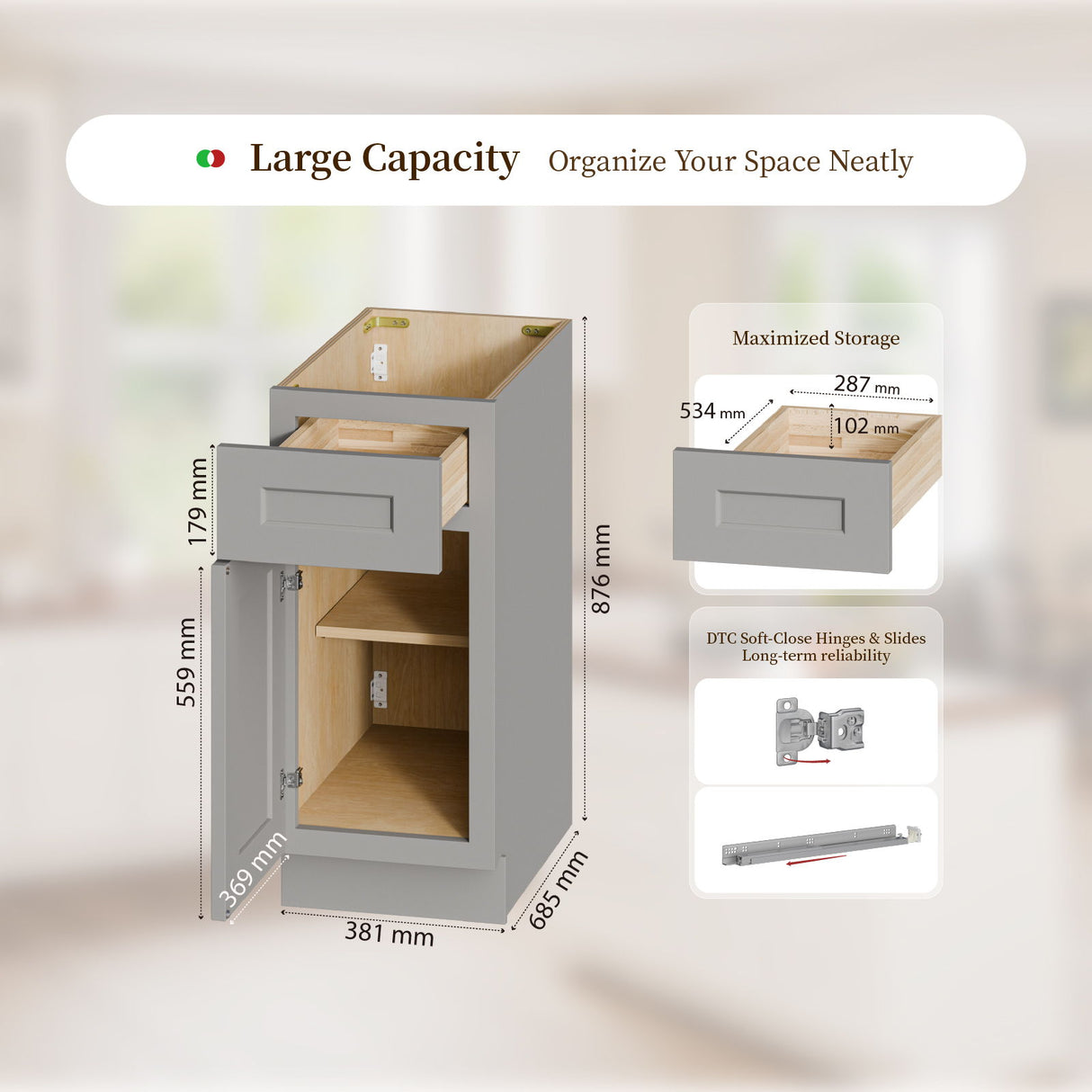 Shaker Base Cabinet With Soft Close Door And Drawer, Unit With Adjustable Shelf - Gray