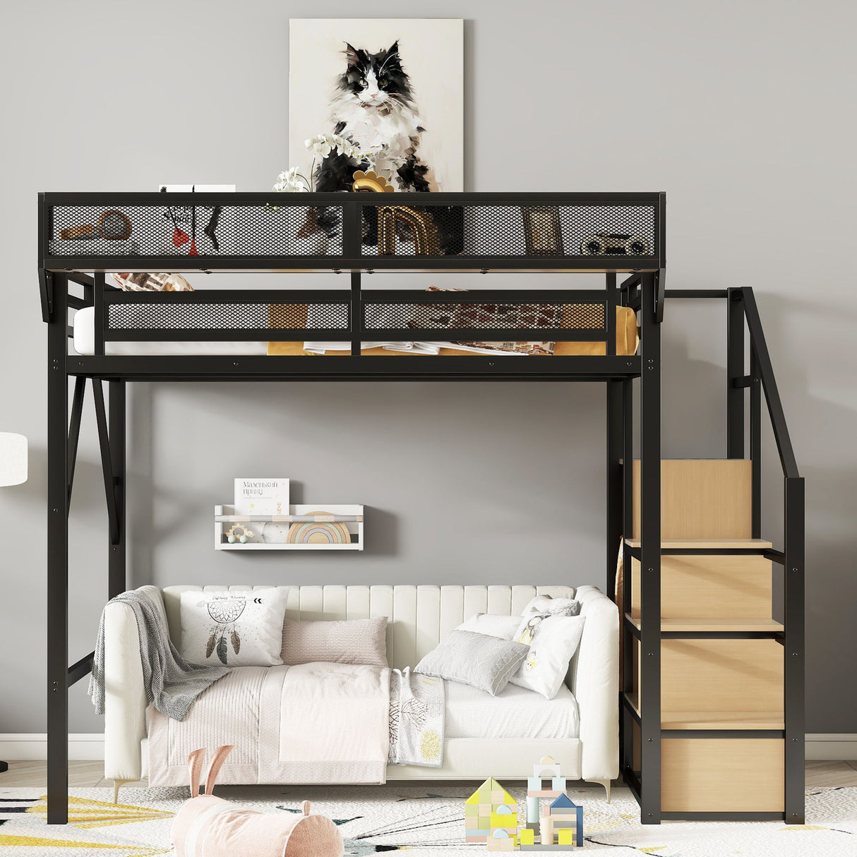 Loft Bed With Stairs, Storage Shelves, Wardrobe