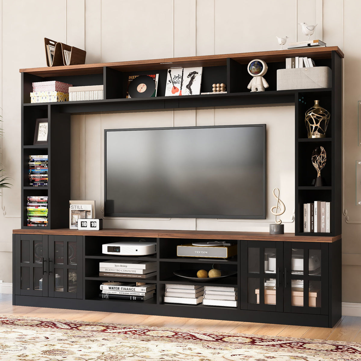 Wall Unit Entertainment Center With Bookshelves For TVs Up To 80", Modern TV Stand Media Console With Cabinets, Tempered Glass Doors And Adjustable Shelves For Living Room - Black