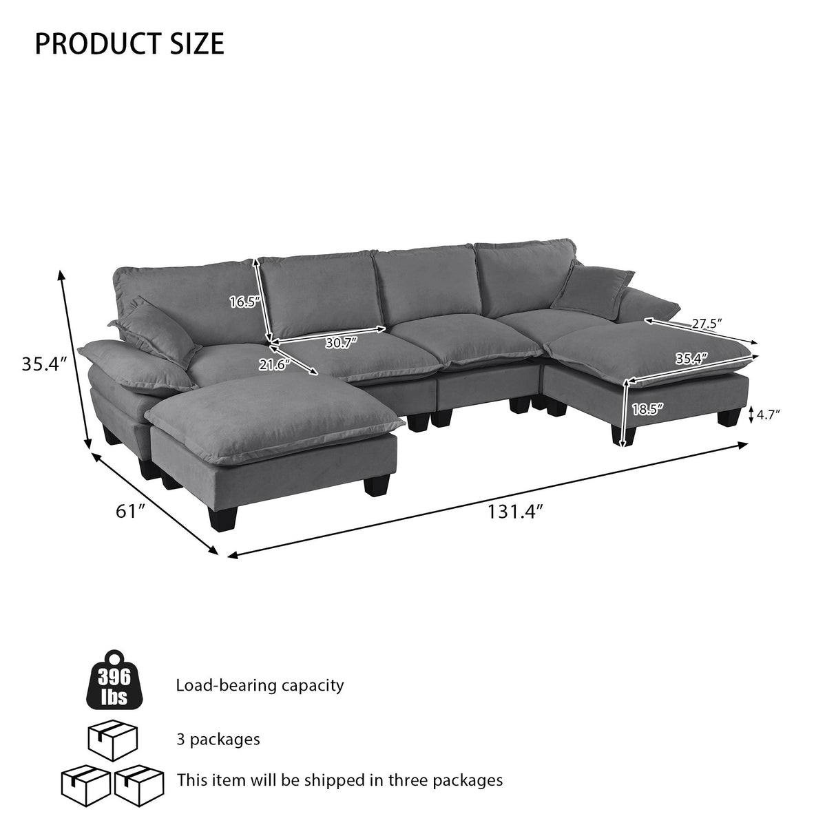 Modular Sectional Sofa With Movable Ottoman & Pillows
