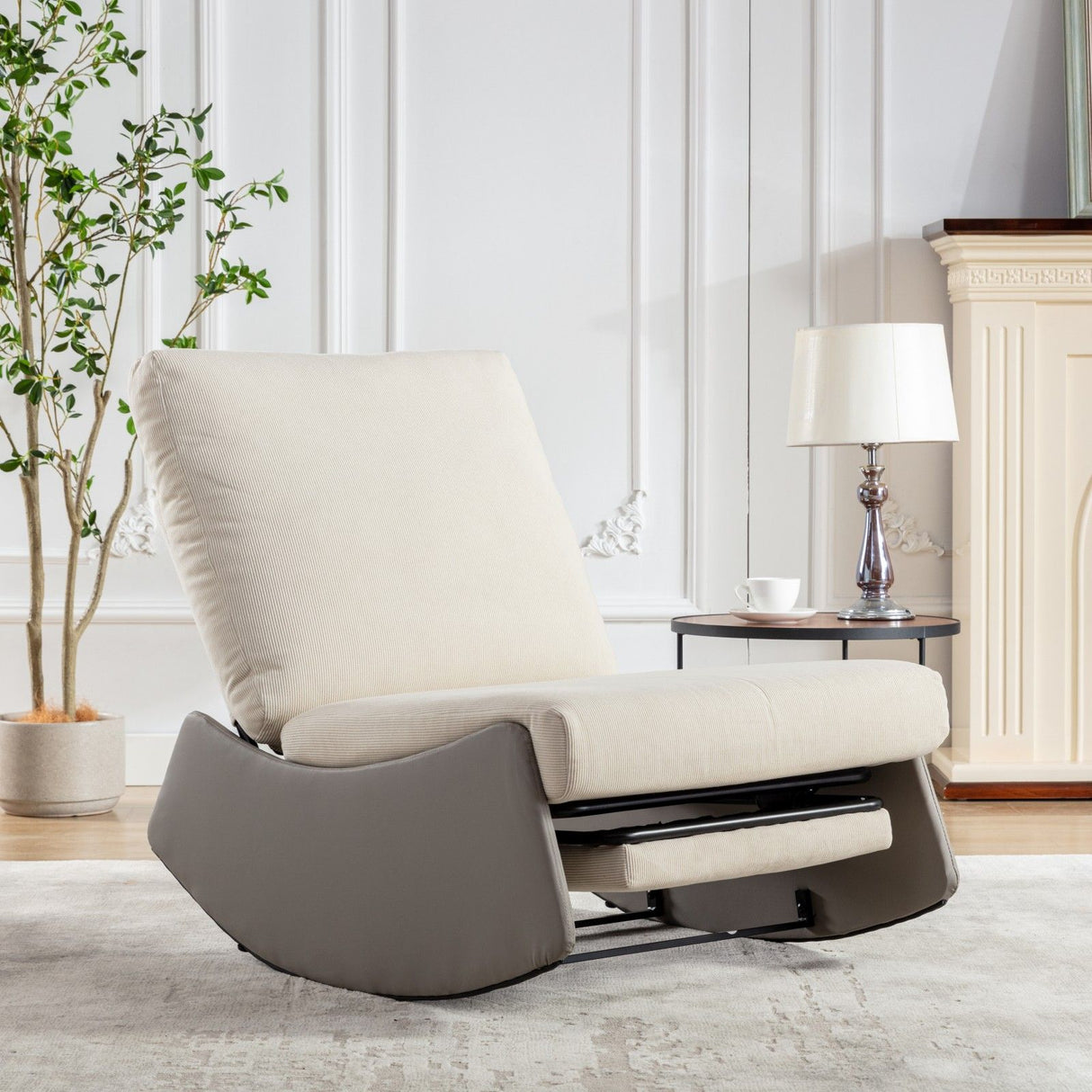 Modern Rocking Chair Recliner, Comfy Rocker Nursery Chair With Footrest, Accent Reading Chair, Upholstered Lounge Chair For Relaxing, Resting, Soft Padded Rocker For Indoor Living Room Bedroom - Gray / Beige