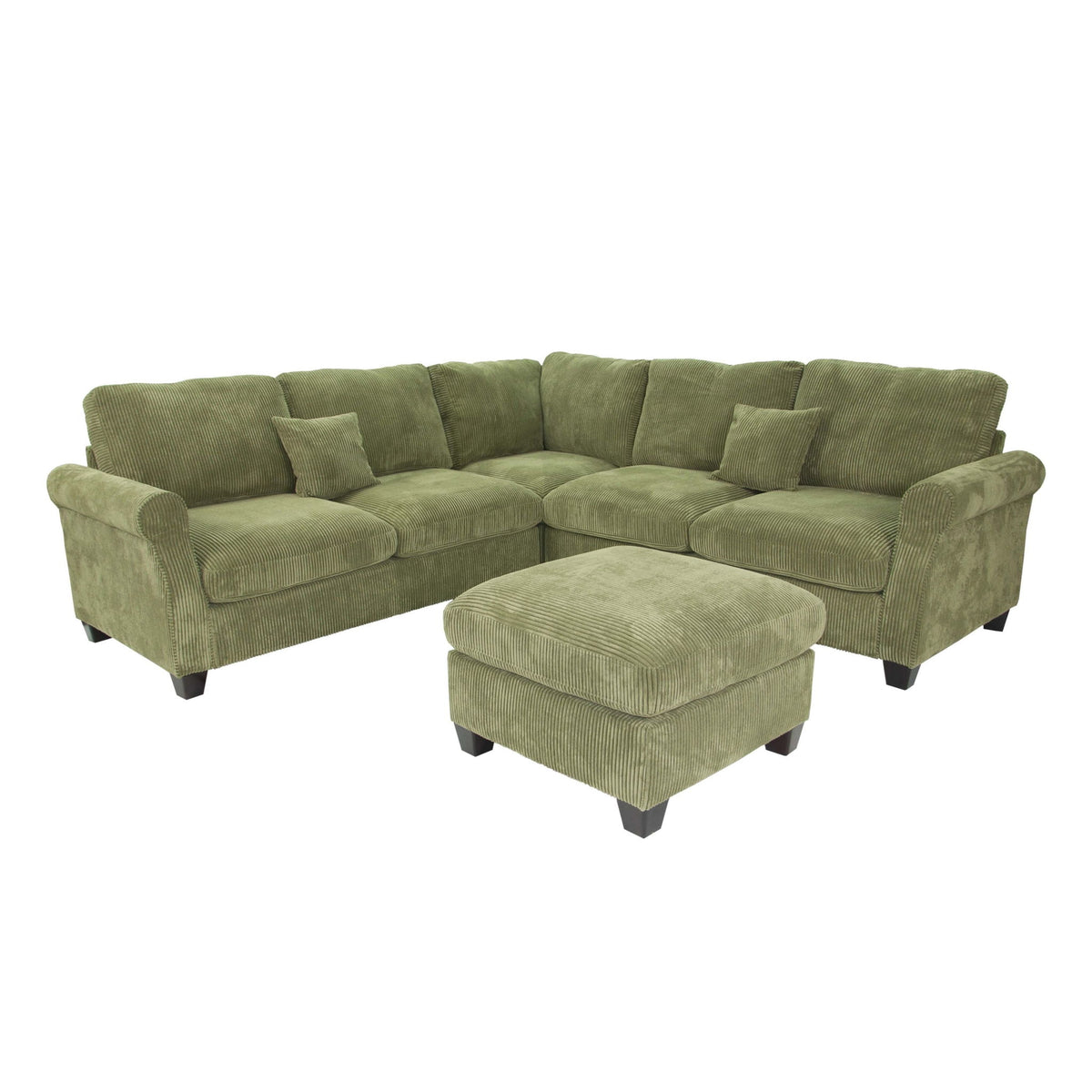 L - Sectional Sofa Set With Corner Wedge And Ottoman, 4 Piece Living Room Furniture - Sage