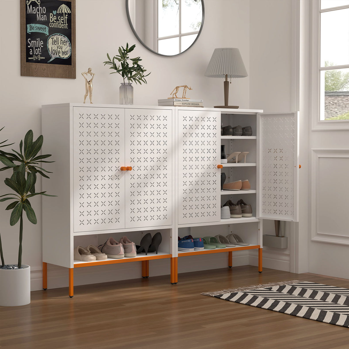Grid - Double Door Shoe Cabinet With Adjustable Compartments And Moisture Proof Design In Metal - White