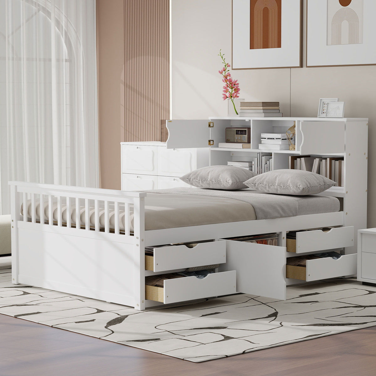 Captain Platform Bed Frame With Bookcase Headboard, 4 Drawers, Storage Shelves