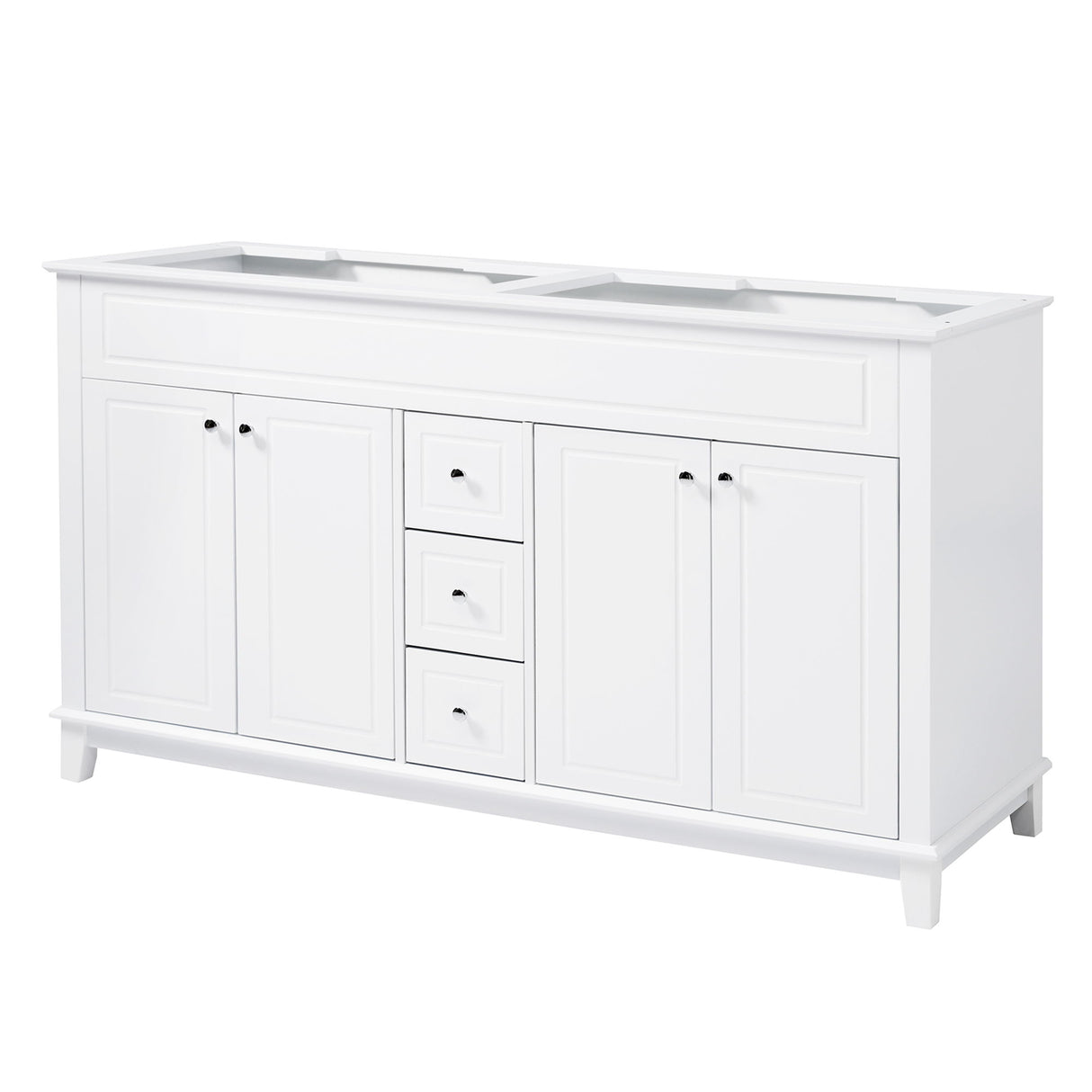 Bathroom Vanity Cabinet Only, 3 Drawers & 4 Doors & Double Layer Shelves - White