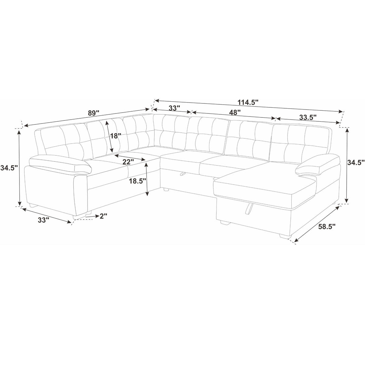 U - Shape Sectional Sleeper Sofa With Storage Chaise