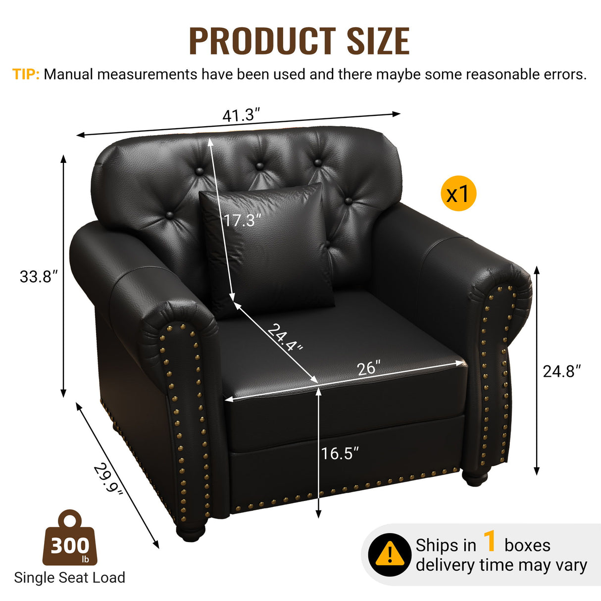 Sofa With Nailhead Trim And Rolled Armrests, Includes 1 Pillow - Black