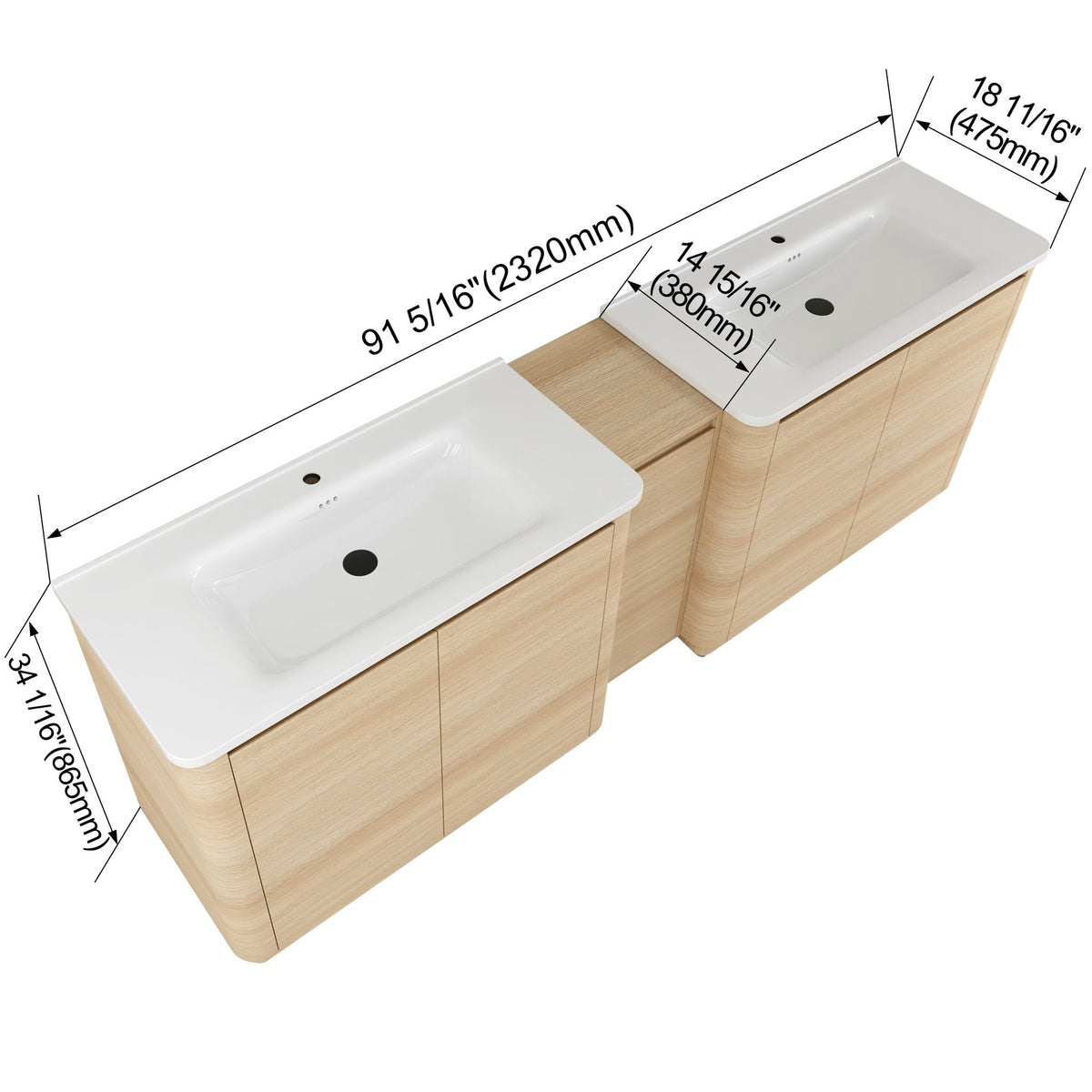 92" Freestanding Bathroom Vanity With Sink, 1 Small Storage Cabinet, Soft Close Door - Ameican White Oak