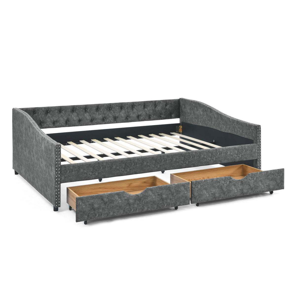 Queen Size Upholstered Daybed With Tufted Back And Nail Trimmed Waved Arms - Gray