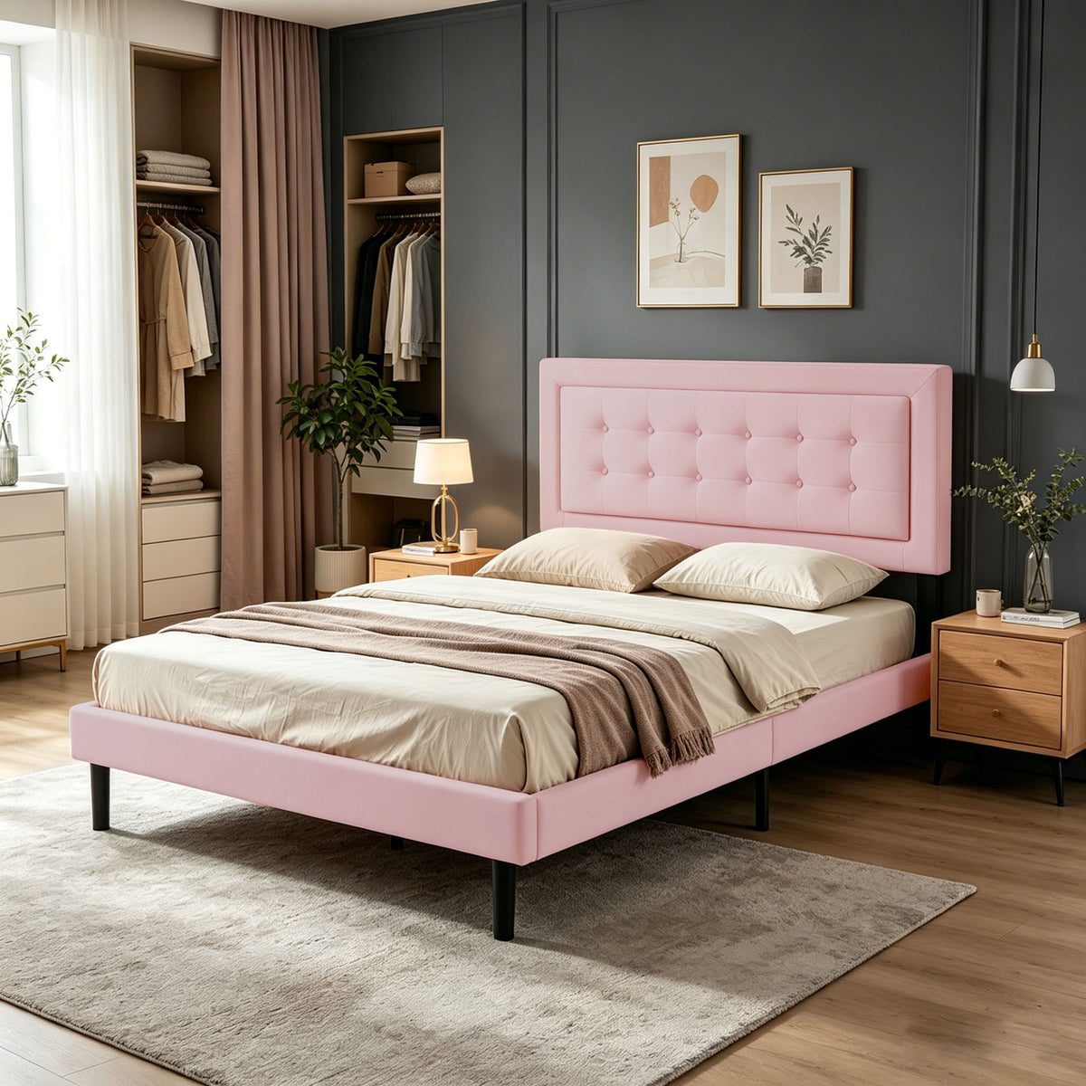 Queen Size, Upholstered Platform Bed With Slats - Pink