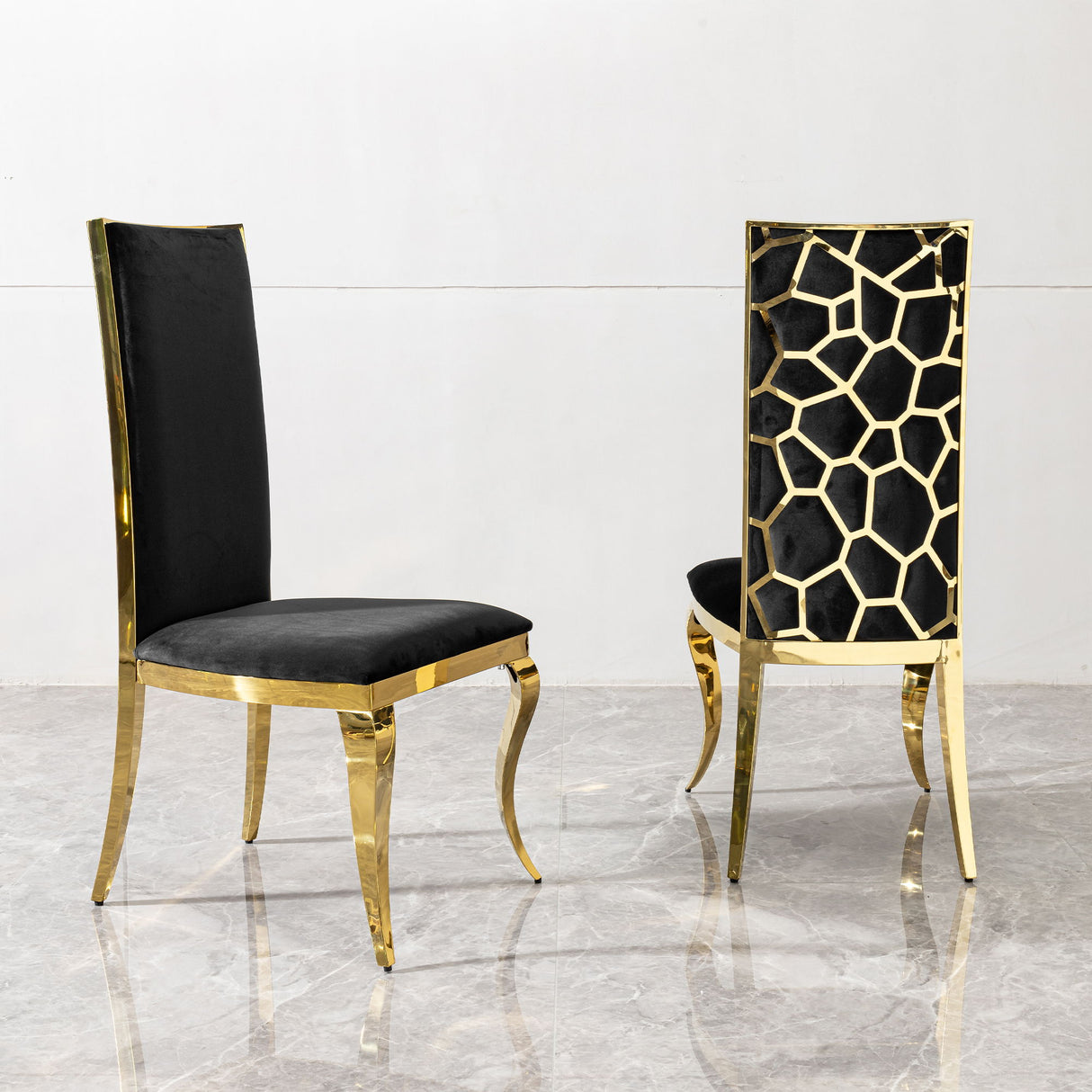 Dining Chair (Set of 2) With Unique Backrest Stainless Steel Legs - Gold