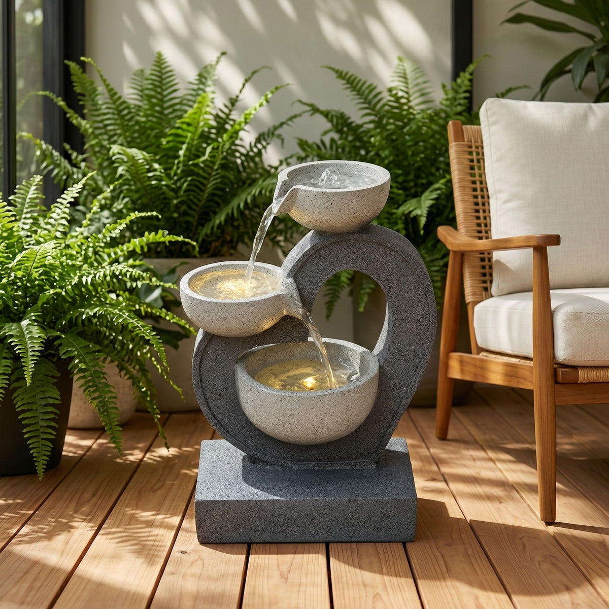 3 Tier Outdoor Water Fountain With Warm LED Lights, Stone Textured Cascading Design For Patio - Gray