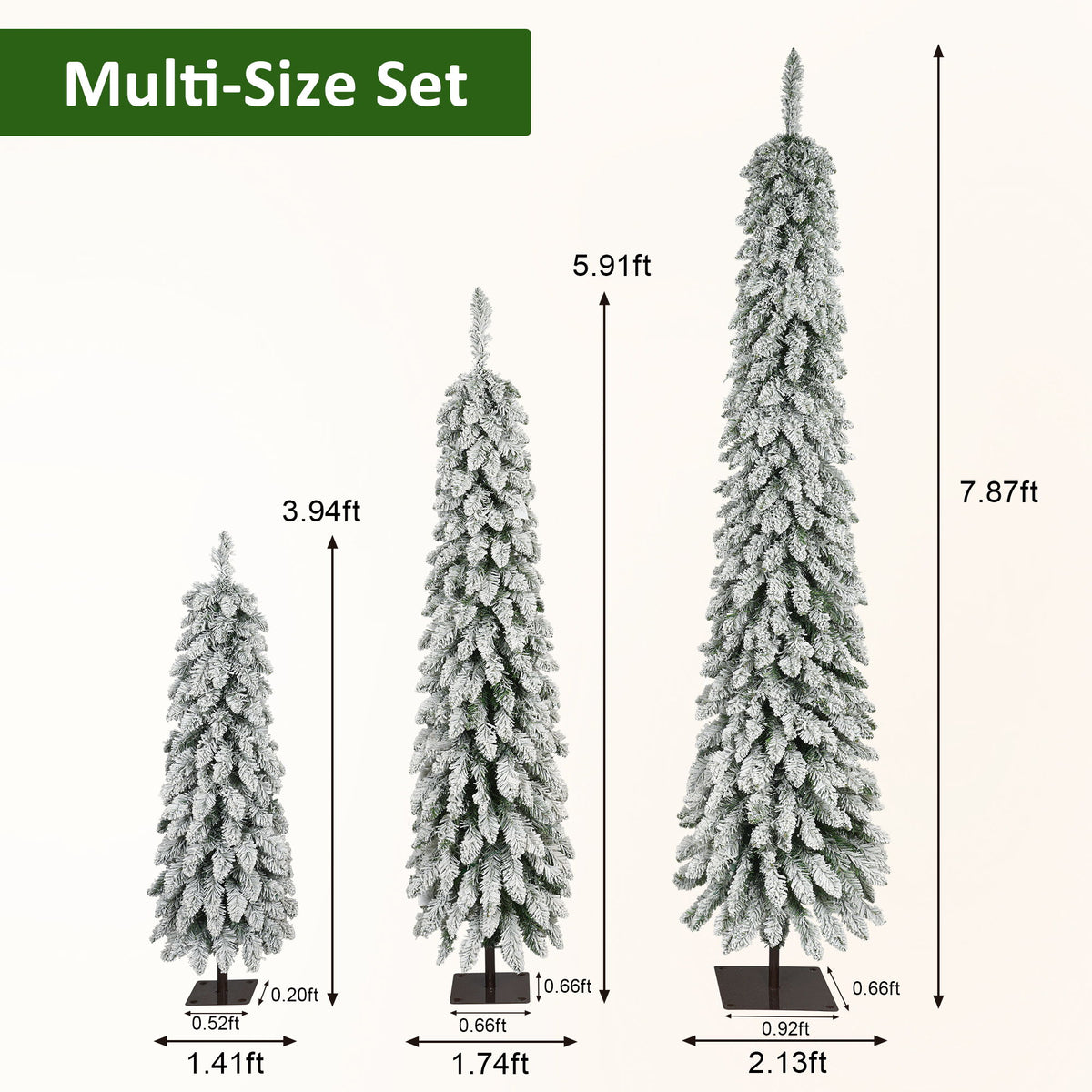 Slim Snow Flocked Pre Lit Pencil Christmas Tree, 3.9Ft / 5.9Ft / 7.9Ft With 750 Branch Tips, 480 LED Lights, Warm Glow, For Indoor Holiday Decor - White