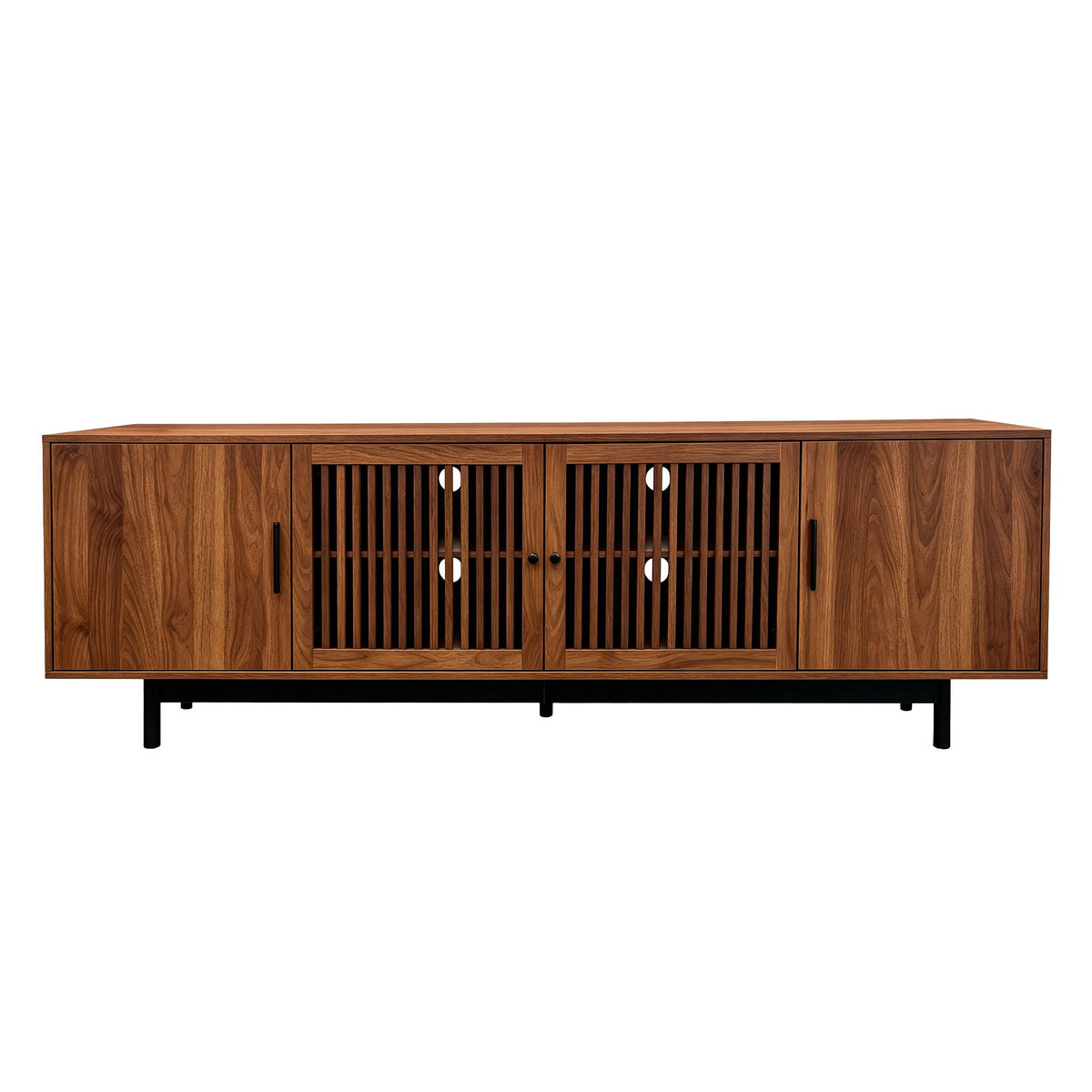 TV Stand, Media Console With Soft Closing Hinges, Adjustable Shelves, Slatted Doors - Walnut