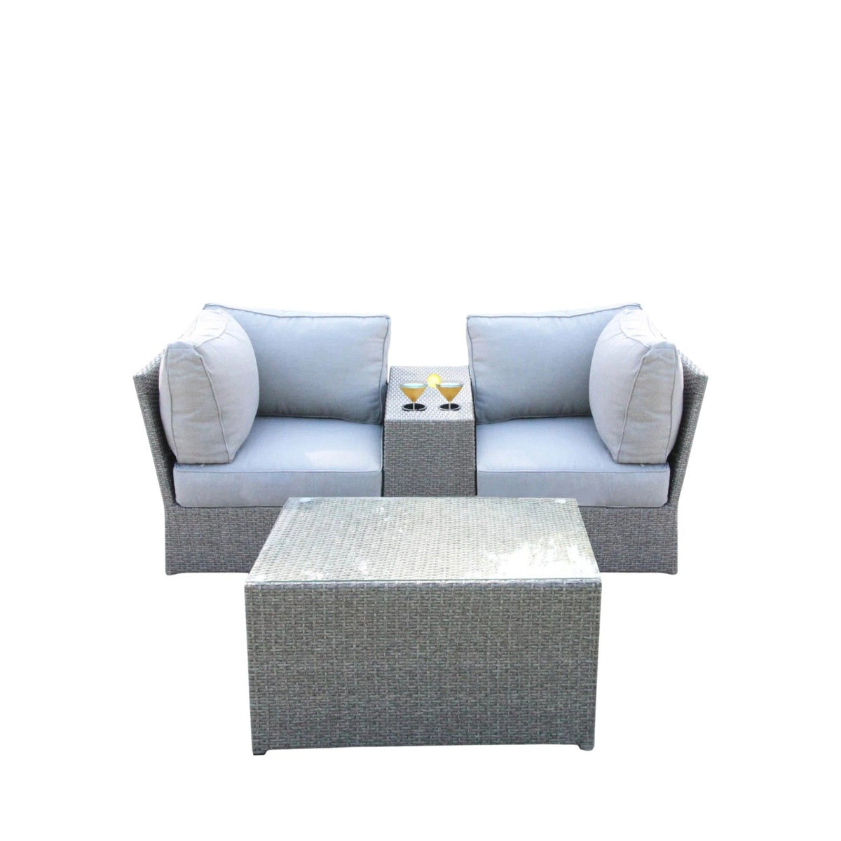 2 Person Wicker Seating Set With Cushions And Glass Top Table - Gray Mix
