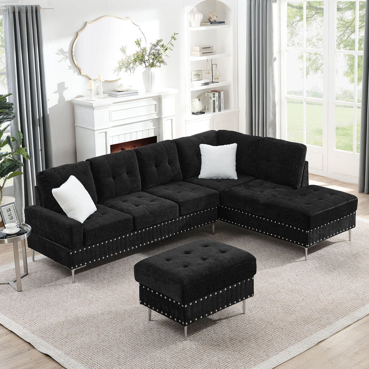 L-Shaped Sectional Sofa With Chaise And Storage Ottoman, Includes 2 Pillows - Black