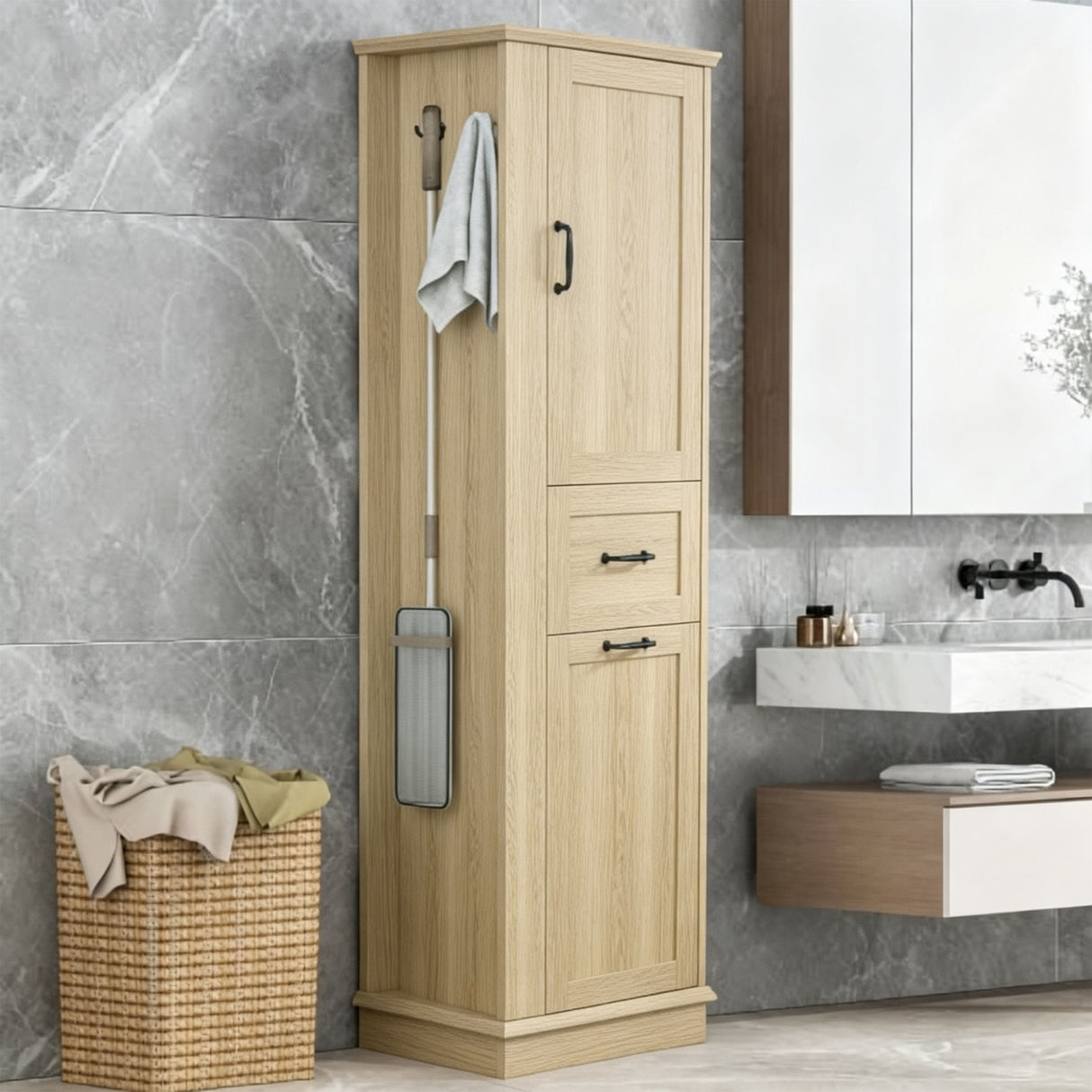 Tall Storage Cabinet With Tilt Out Compartment, Adjustable Shelves, Soft Close Hinges - Natural