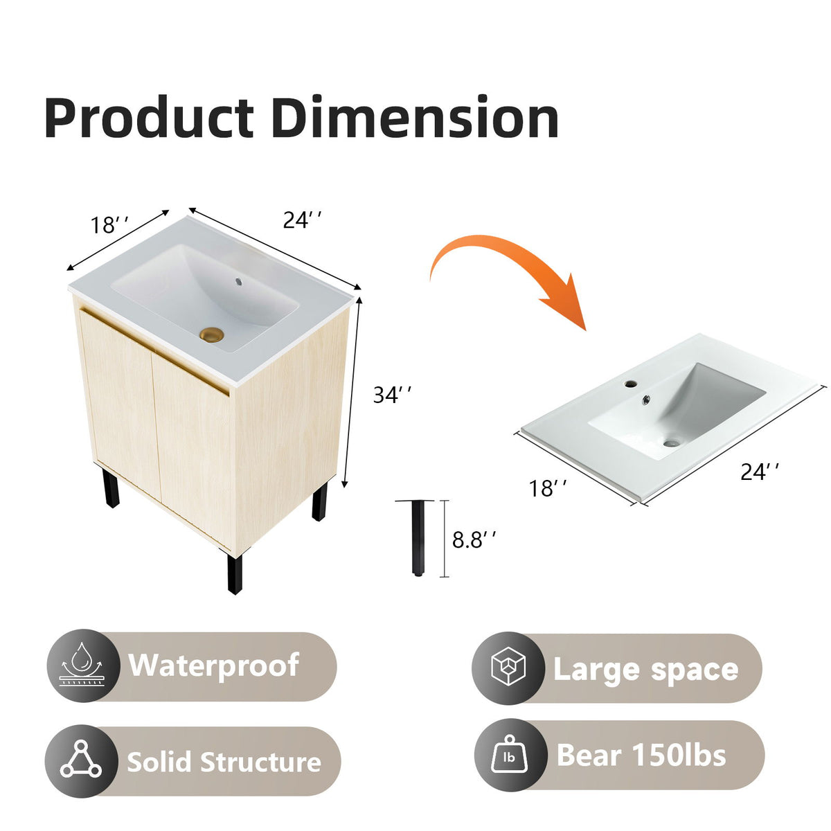 Bathroom Vanity With Ceramic Sink, Floor-Standing Design, Soft-Closing Drawers