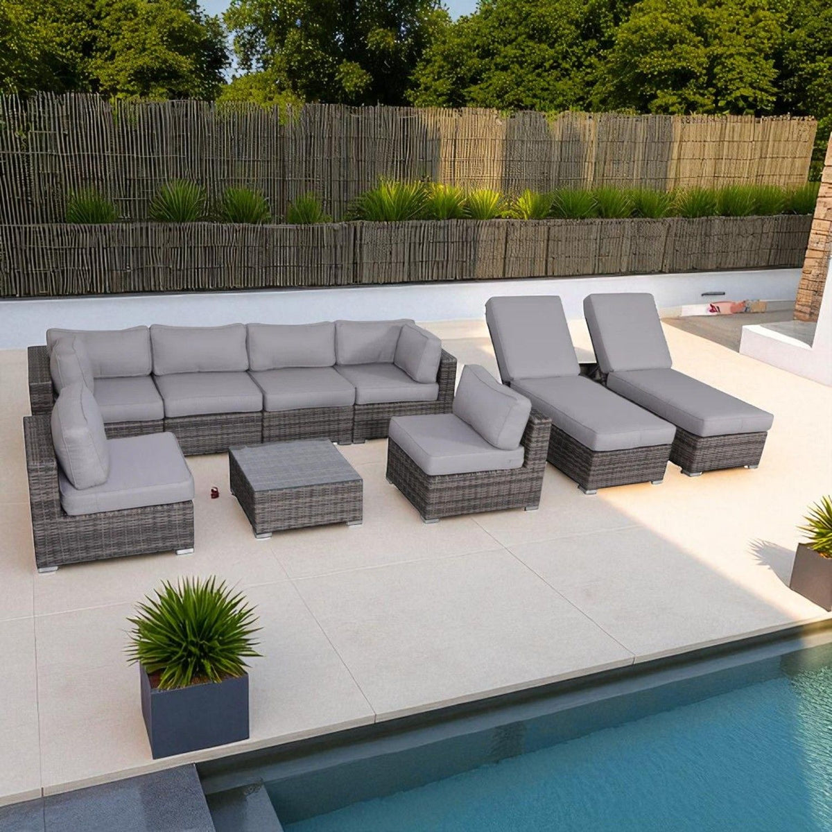 8 Person Rattan Wicker Patio Seating Group With Plush Cushions - Gray Mix