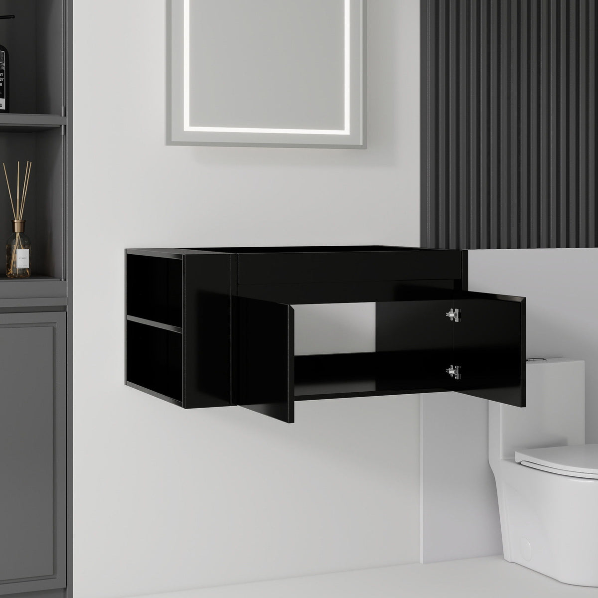 Floating Bathroom Vanity Cabinet, Soft Close Double Drawers, Open Side Storage, Wall Mounted, Cabinet Only