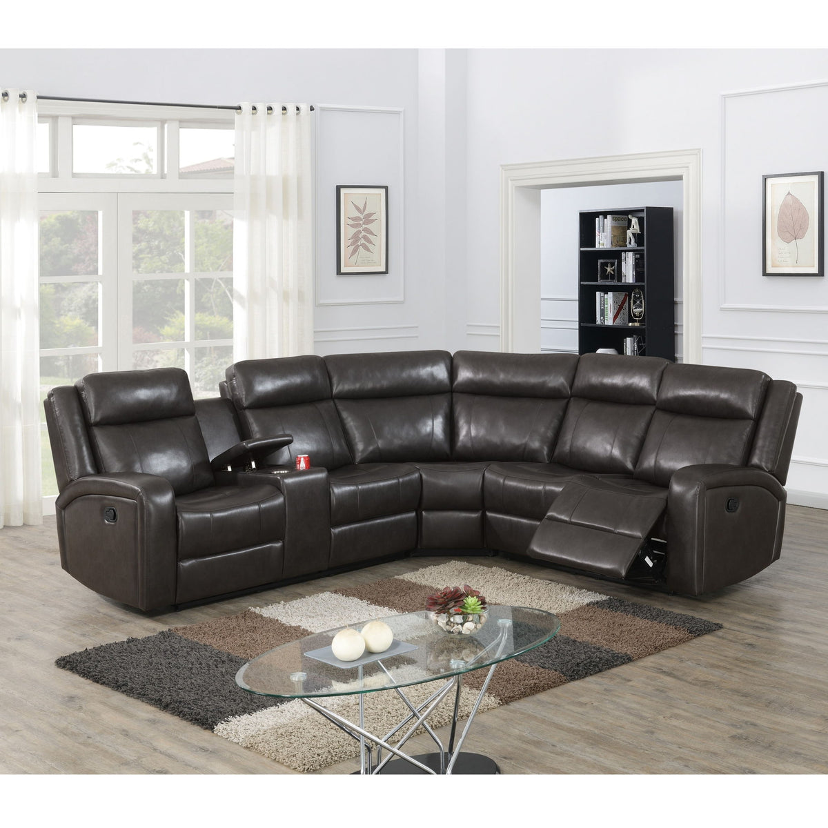 Manual Motion Recliner Sectional Sofa With Console And Cup Holders - Brown